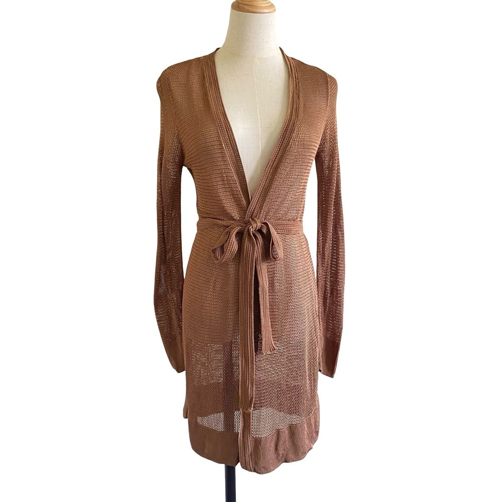 White House Black Market Brown Openโ Knit Longline Tie Waist Cardigan Small